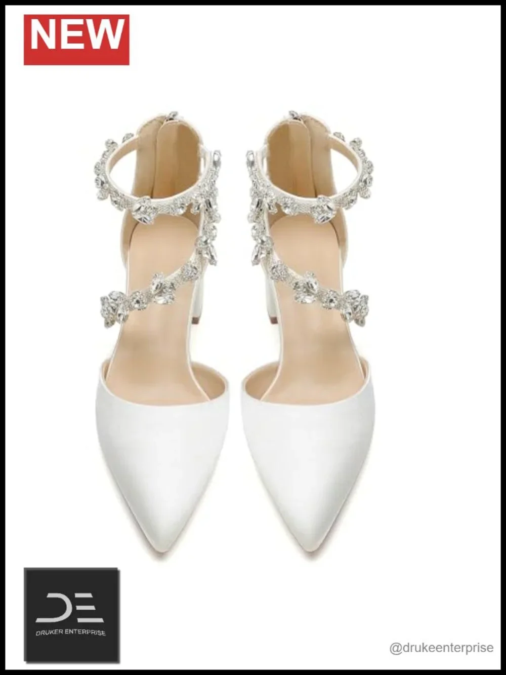 Satin Crystal Pump Heels with Block Heel and Ankle Strap for Wedding Prom Party